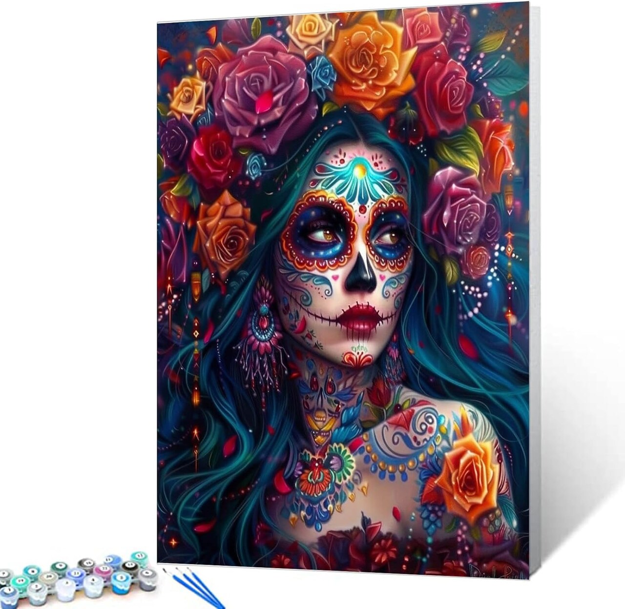 Skeleton Makeup Paint by Numbers Kit for Adults – Day of the Dead Sugar Skull Woman DIY Acrylic Painting on 16x20" Canvas, Beginner-Friendly Halloween Art Craft for Home Wall Decor (Unframed)